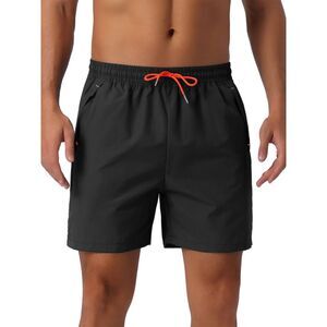 Summer Elastic Waist Drawstring Mesh Lining Swimming Beach Shorts Black